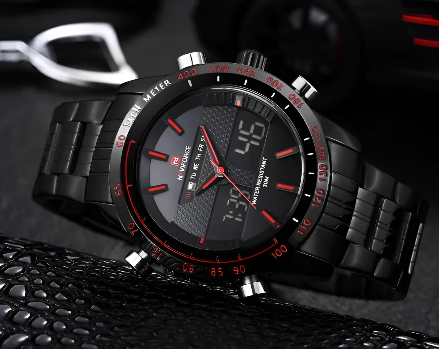 Naviforce 9024 men's sports wrist watch with black alloy strap, 46mm round dial, and luminous hands