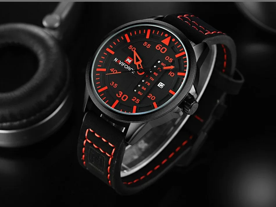 NAVIFORCE men's quartz watch with date display, leather strap, and military-style dial on a wrist