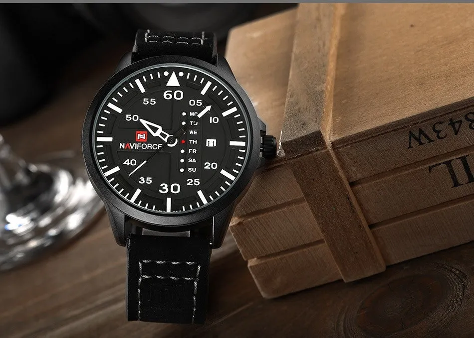 NAVIFORCE men's quartz watch with date display, leather strap, and military-style dial on a wrist