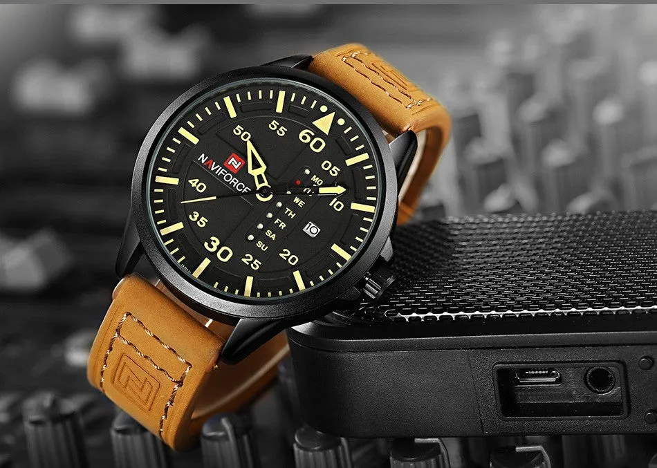 NAVIFORCE men's quartz watch with date display, leather strap, and military-style dial on a wrist