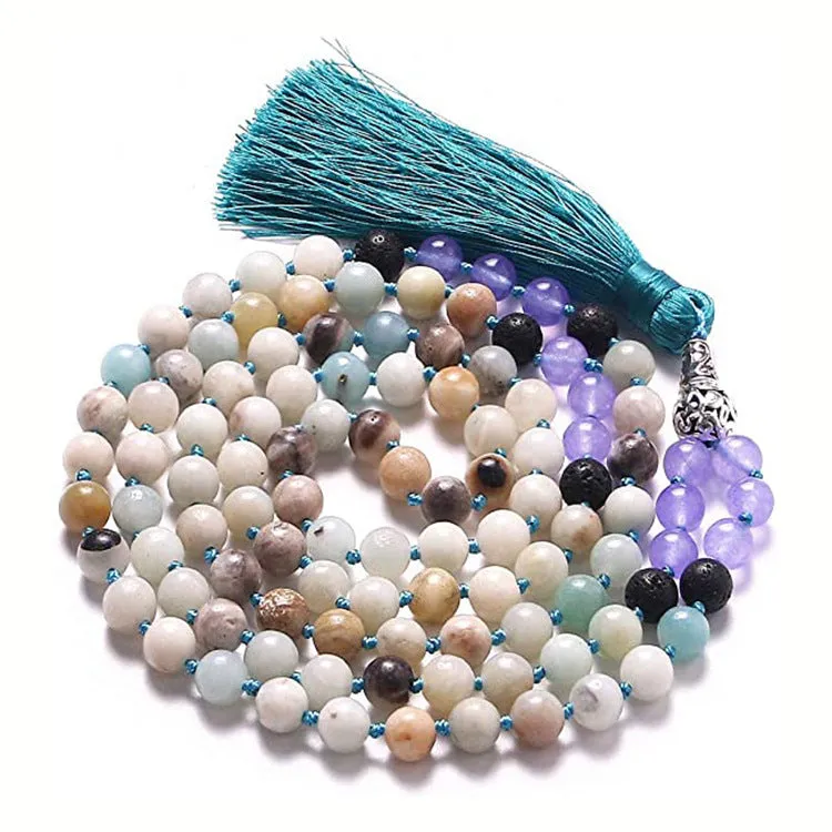 Agate tassel necklace with multiple stone colours including Indian agate, amethyst and blue grain stone on 95-100cm length