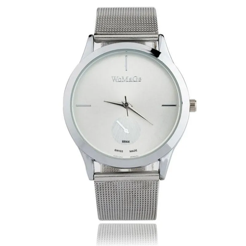 Unisex alloy mesh quartz watch with round silver case and dial on wrist