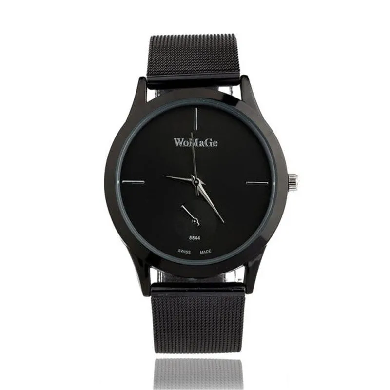 Unisex alloy mesh quartz watch with round silver case and dial on wrist