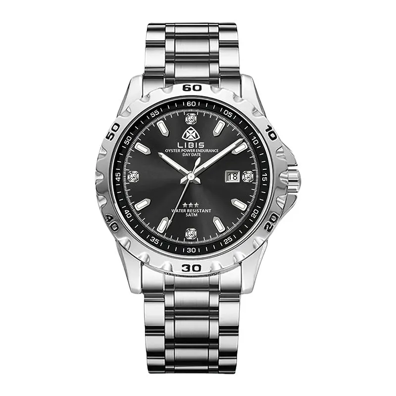 Men's silver quartz watch with luminous hands and waterproof stainless steel strap