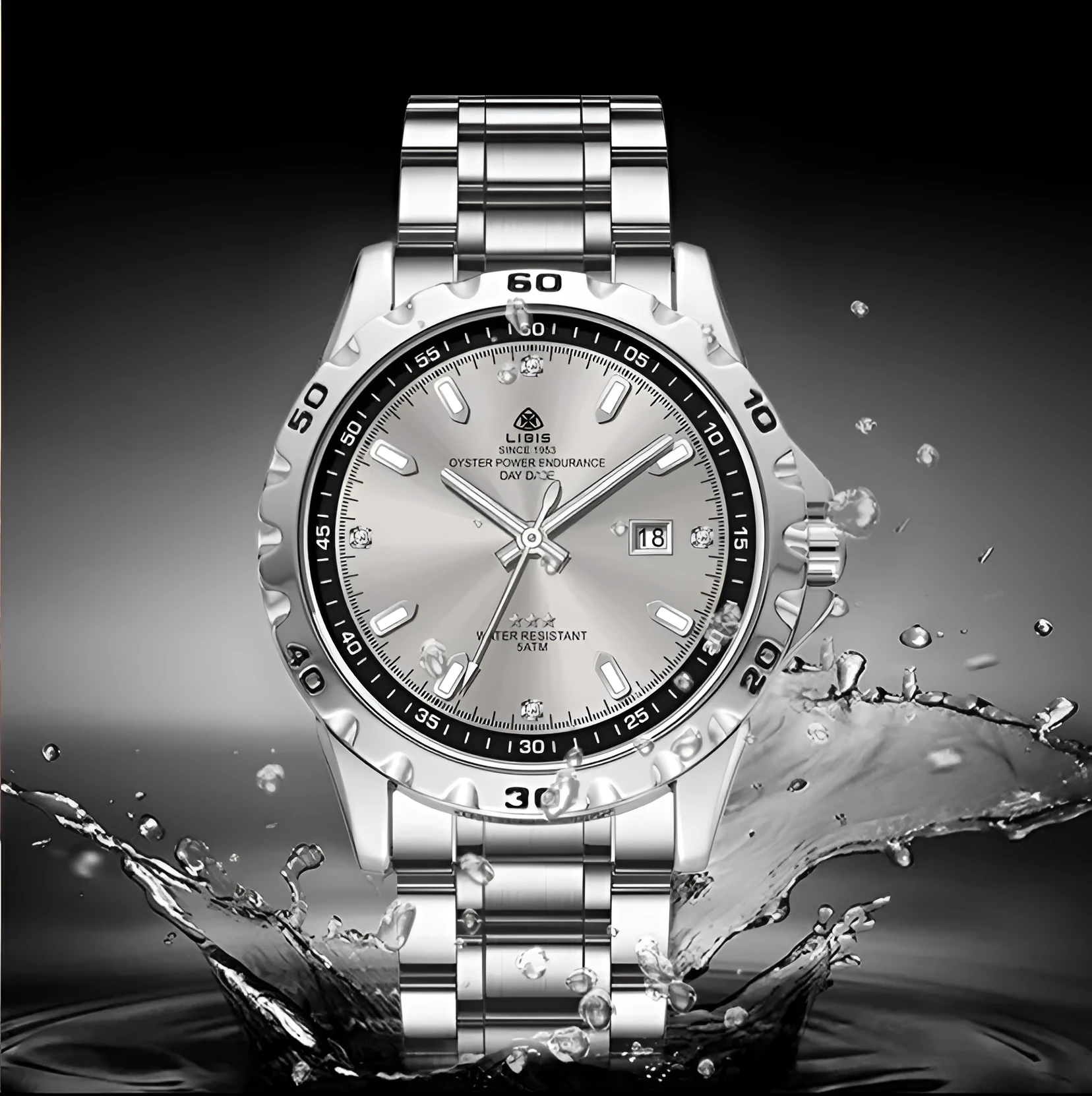 Men's silver quartz watch with luminous hands and waterproof stainless steel strap