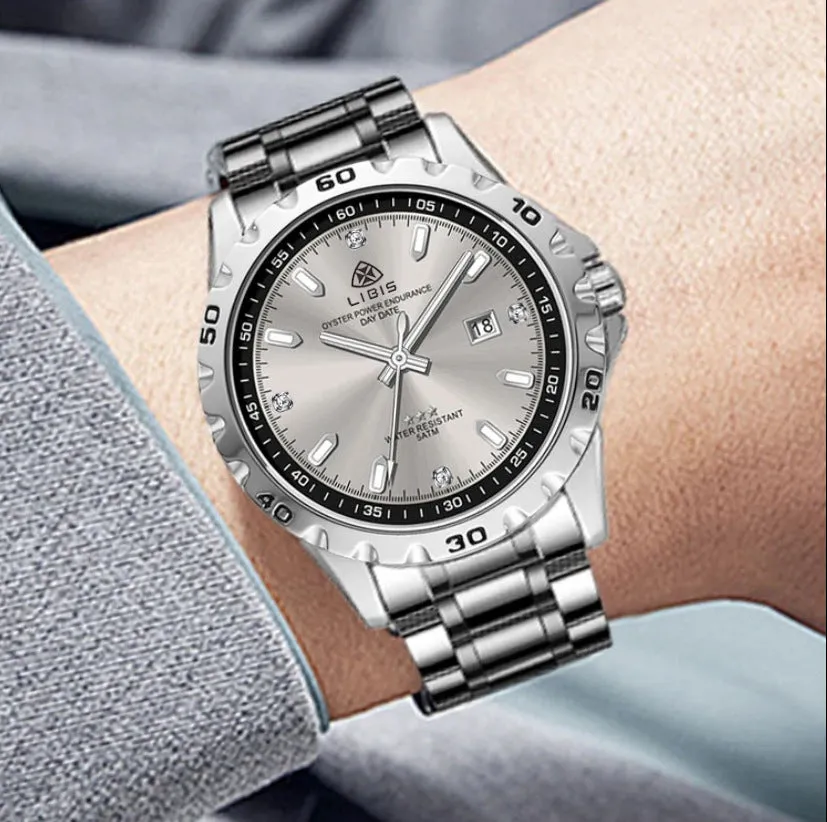 Men's silver quartz watch with luminous hands and waterproof stainless steel strap