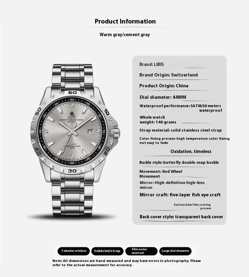 Men's silver quartz watch with luminous hands and waterproof stainless steel strap