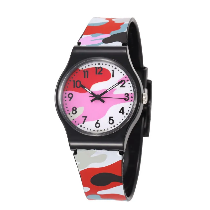 Cartoon-style quartz watch with PVC strap, 34mm dial, in blue colour on white background
