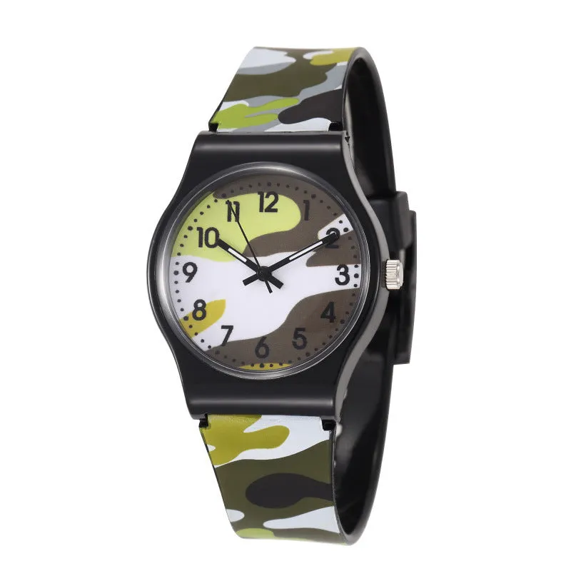 Cartoon-style quartz watch with PVC strap, 34mm dial, in blue colour on white background