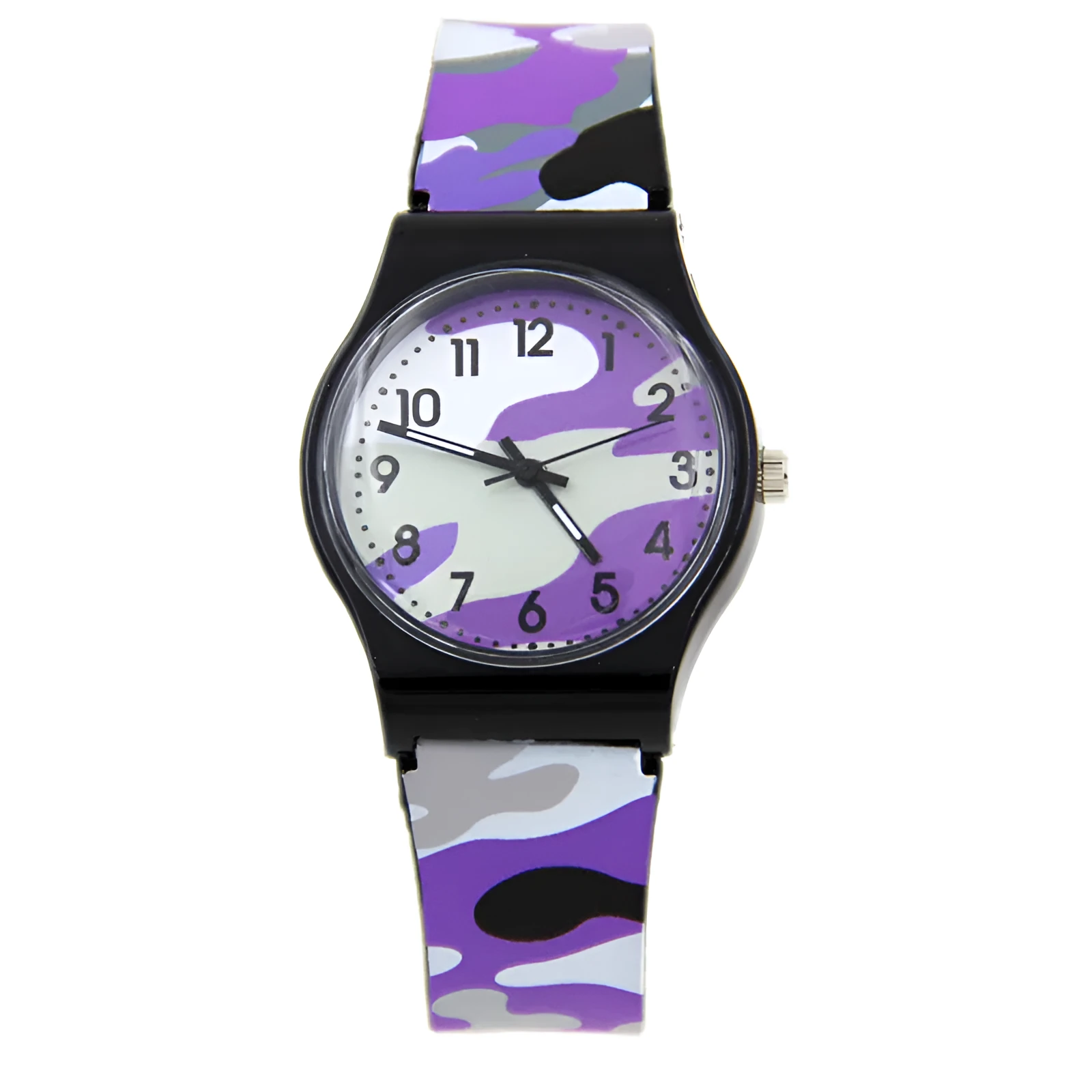 Cartoon-style quartz watch with PVC strap, 34mm dial, in blue colour on white background