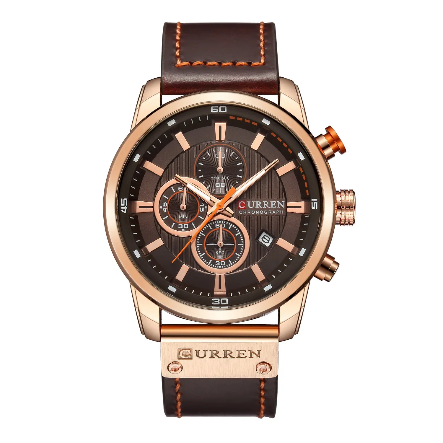 Men waterproof chronograph sport military quartz wristwatch with leather band, titanium buckle, and 47mm dial on wrist