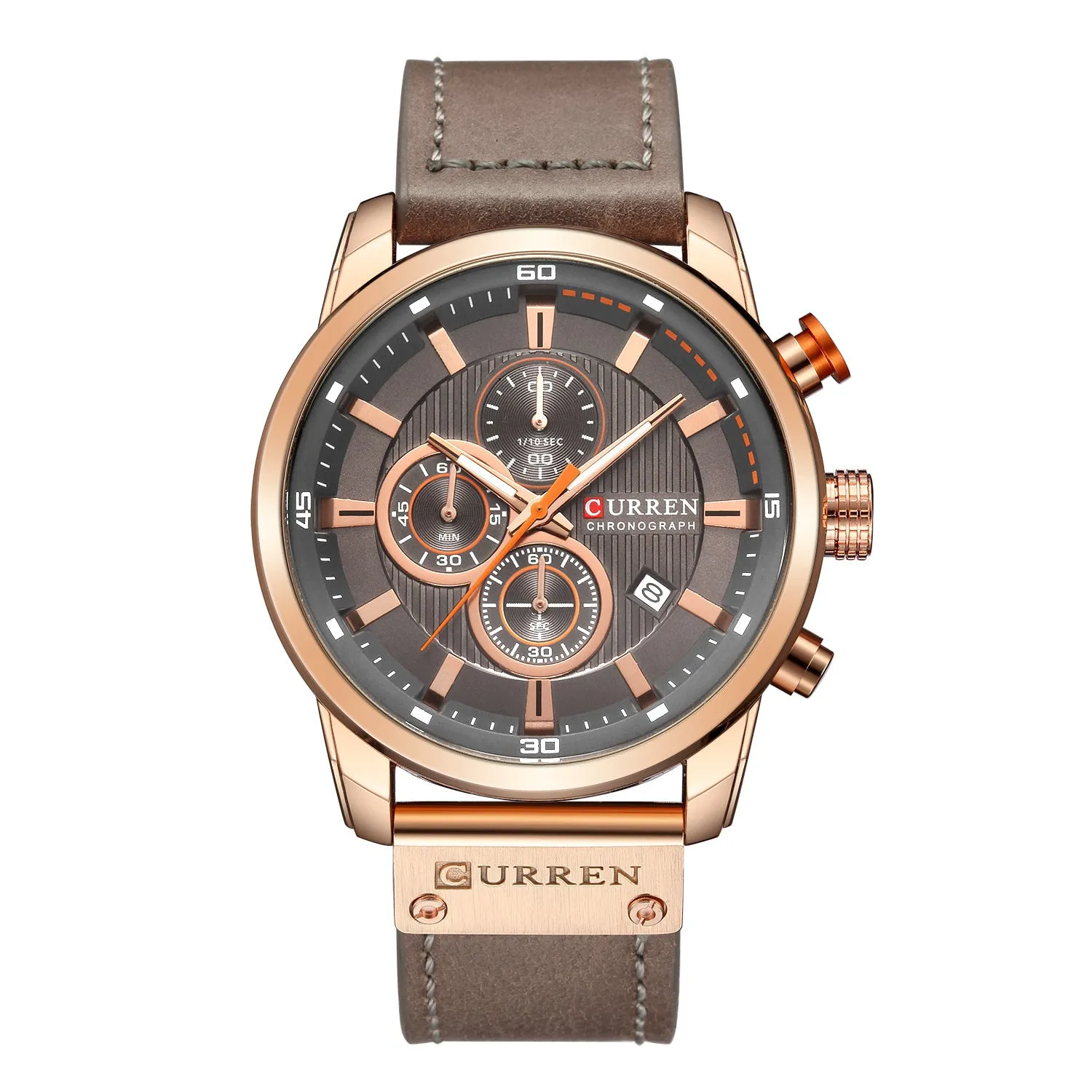 Men waterproof chronograph sport military quartz wristwatch with leather band, titanium buckle, and 47mm dial on wrist