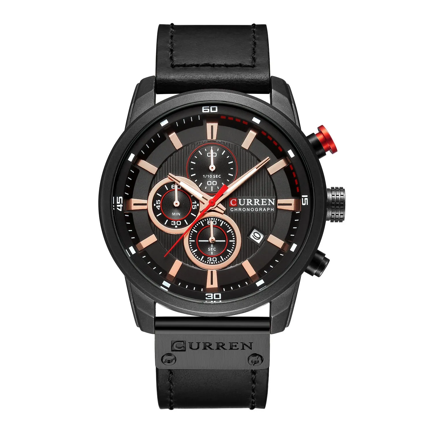 Men waterproof chronograph sport military quartz wristwatch with leather band, titanium buckle, and 47mm dial on wrist