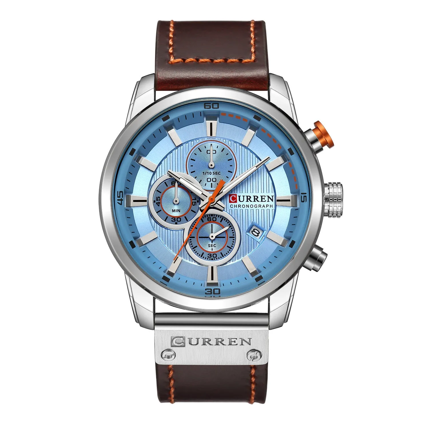Men waterproof chronograph sport military quartz wristwatch with leather band, titanium buckle, and 47mm dial on wrist