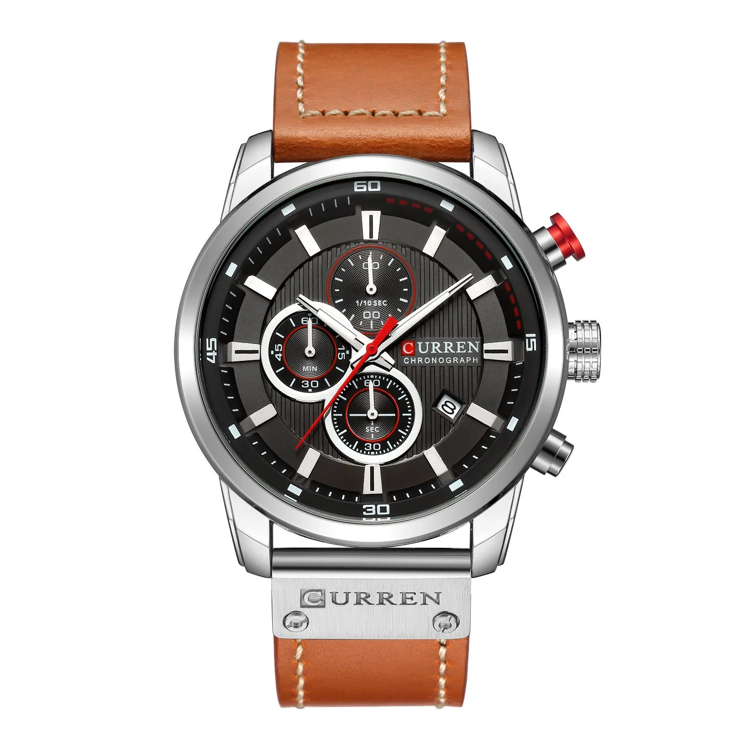 Men waterproof chronograph sport military quartz wristwatch with leather band, titanium buckle, and 47mm dial on wrist