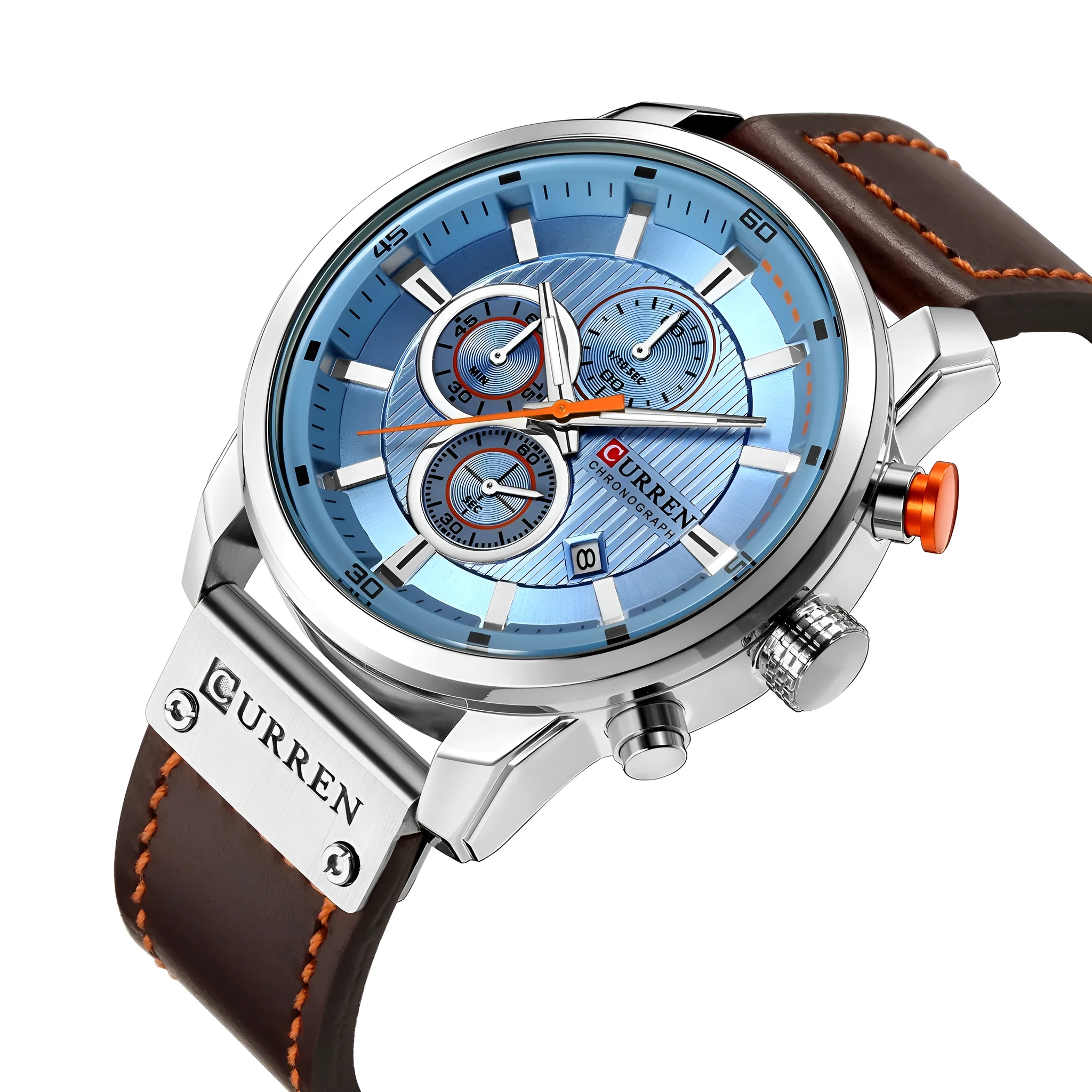 Men waterproof chronograph sport military quartz wristwatch with leather band, titanium buckle, and 47mm dial on wrist