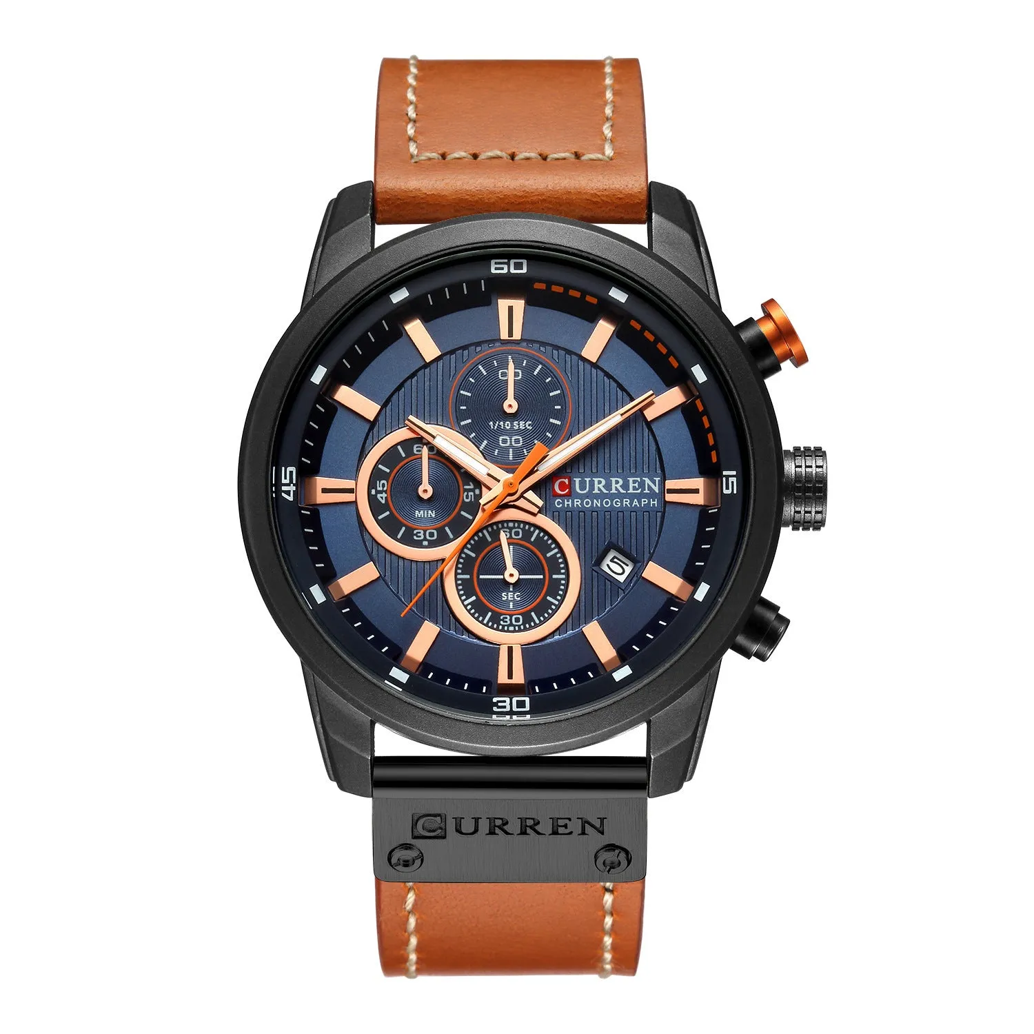 Men waterproof chronograph sport military quartz wristwatch with leather band, titanium buckle, and 47mm dial on wrist