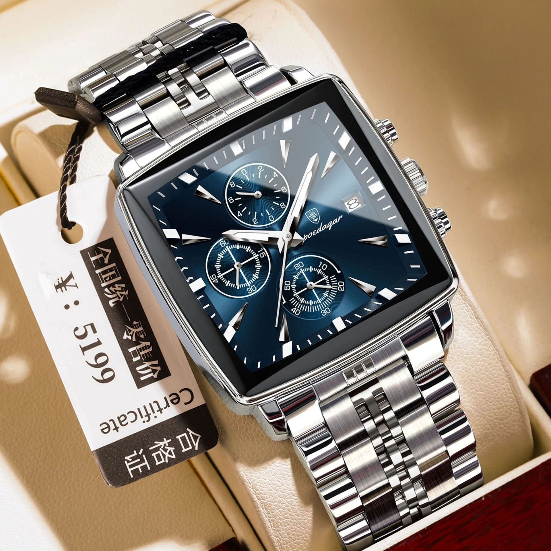 Square men's business quartz watch with stainless steel strap and mineral glass