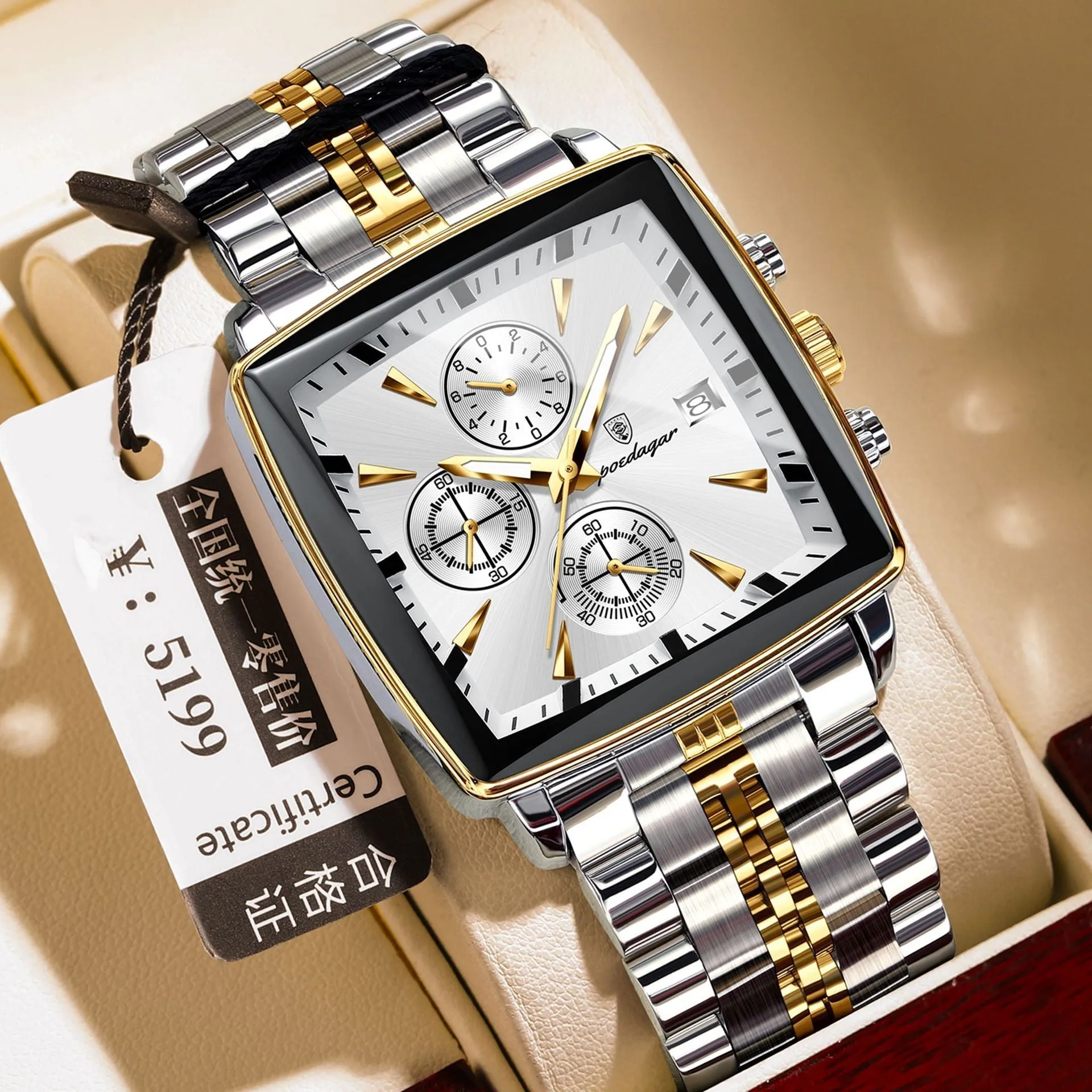 Square men's business quartz watch with stainless steel strap and mineral glass