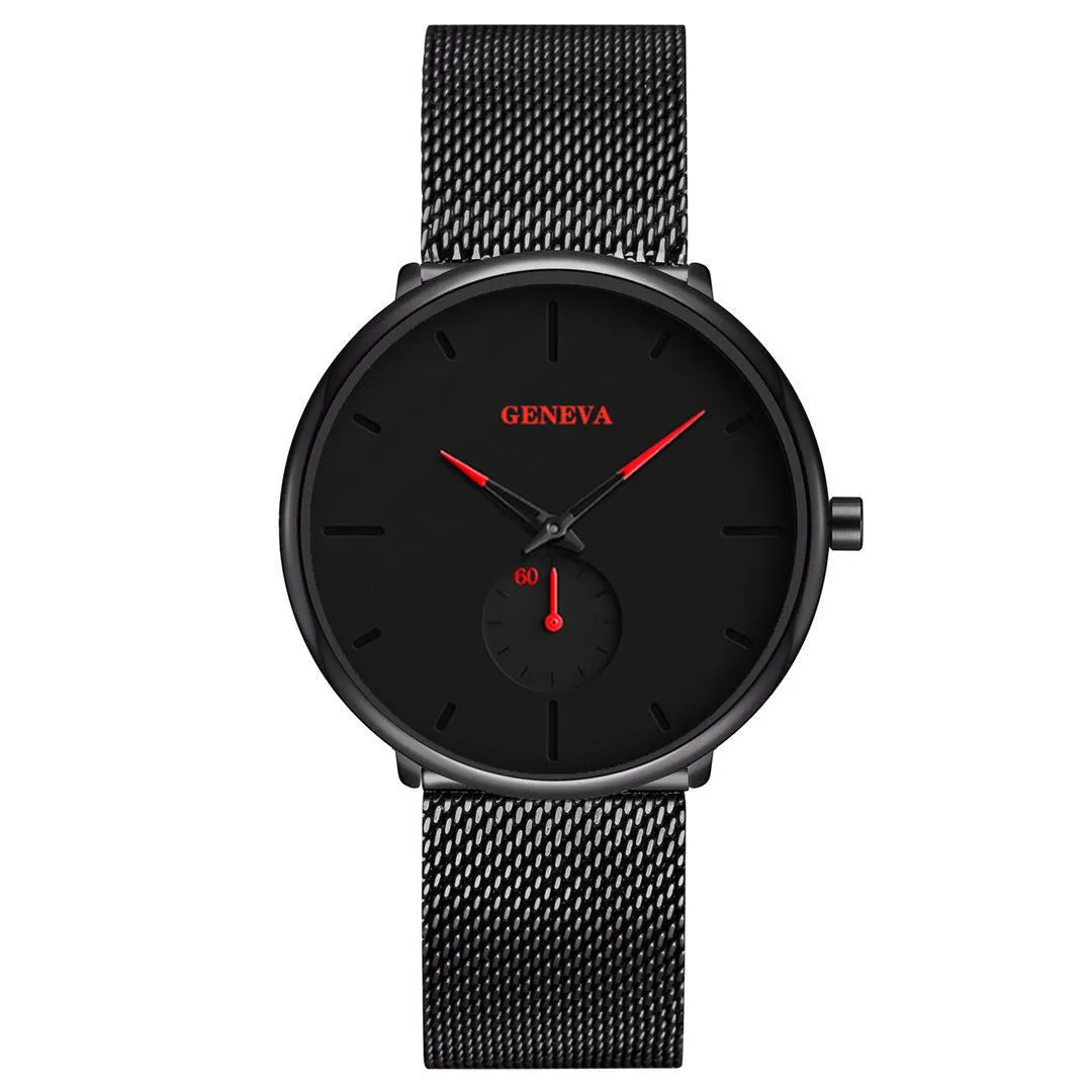 Geneva men's quartz watch with round dial, stainless steel strap, and black shell case