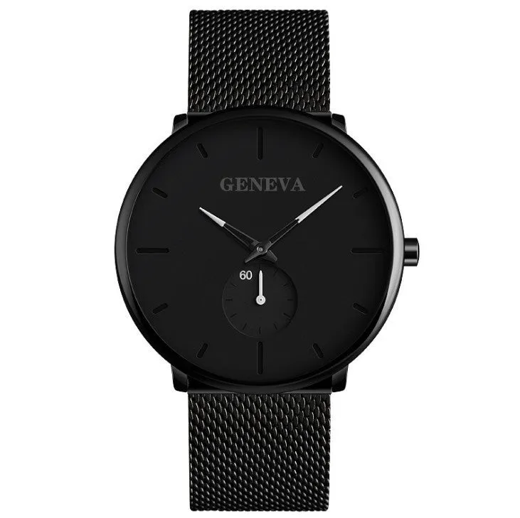 Geneva men's quartz watch with round dial, stainless steel strap, and black shell case