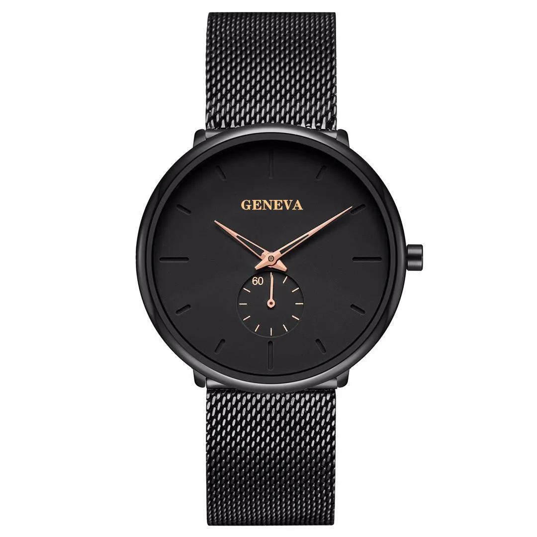 Geneva men's quartz watch with round dial, stainless steel strap, and black shell case