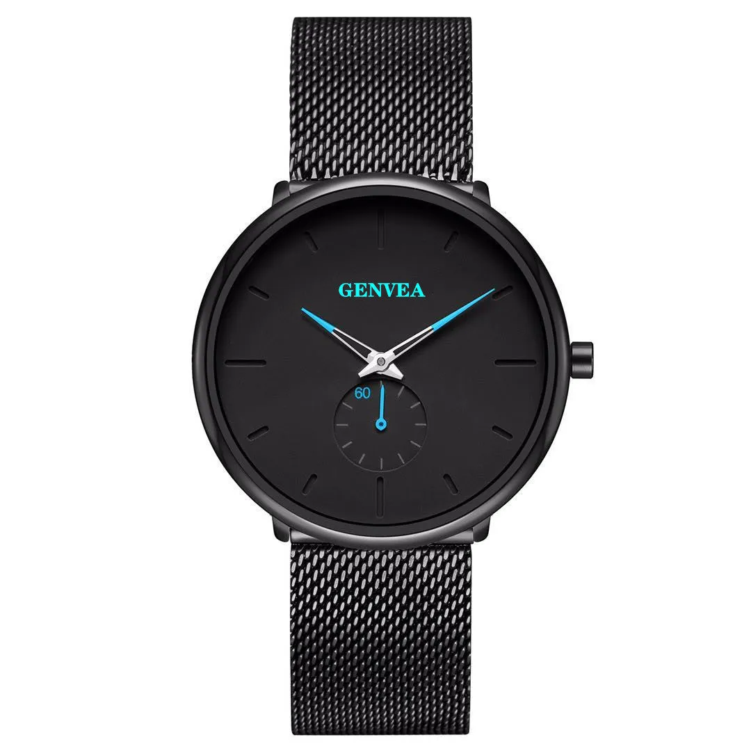 Geneva men's quartz watch with round dial, stainless steel strap, and black shell case