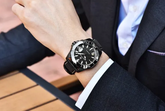 Men's mechanical watch PD-1617 with stainless steel bracelet and silver black dial