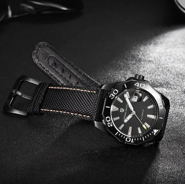 Men's mechanical watch PD-1617 with stainless steel bracelet and silver black dial