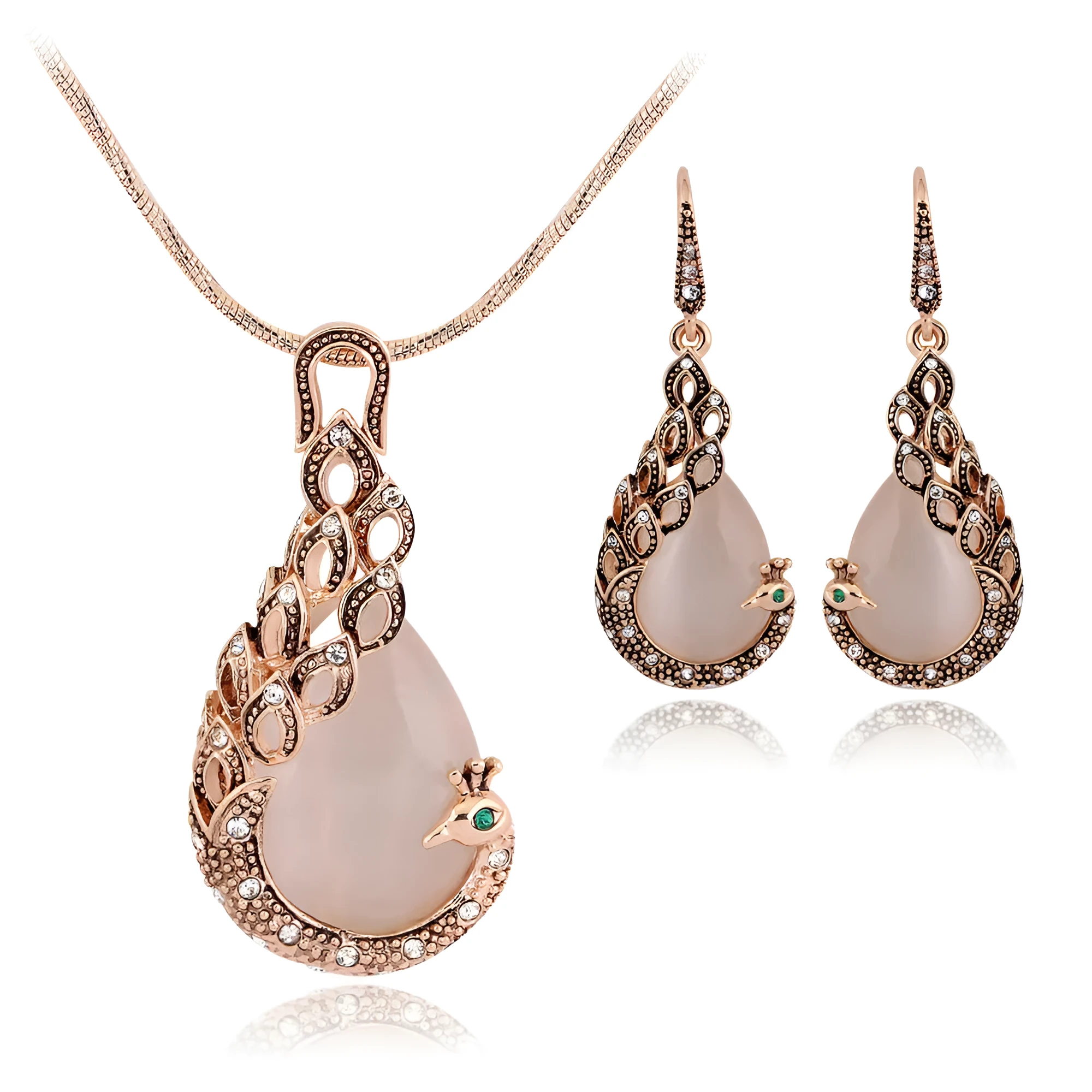 Peacock jewellery set with alloy earrings and accessories, inlaid artificial gemstone, adjustable perimeter 21cm to 50cm