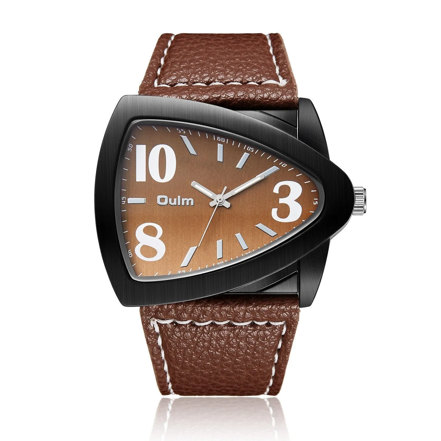Men's casual quartz watch with triangle belt strap, shown in brown, black, and blue colour options.
