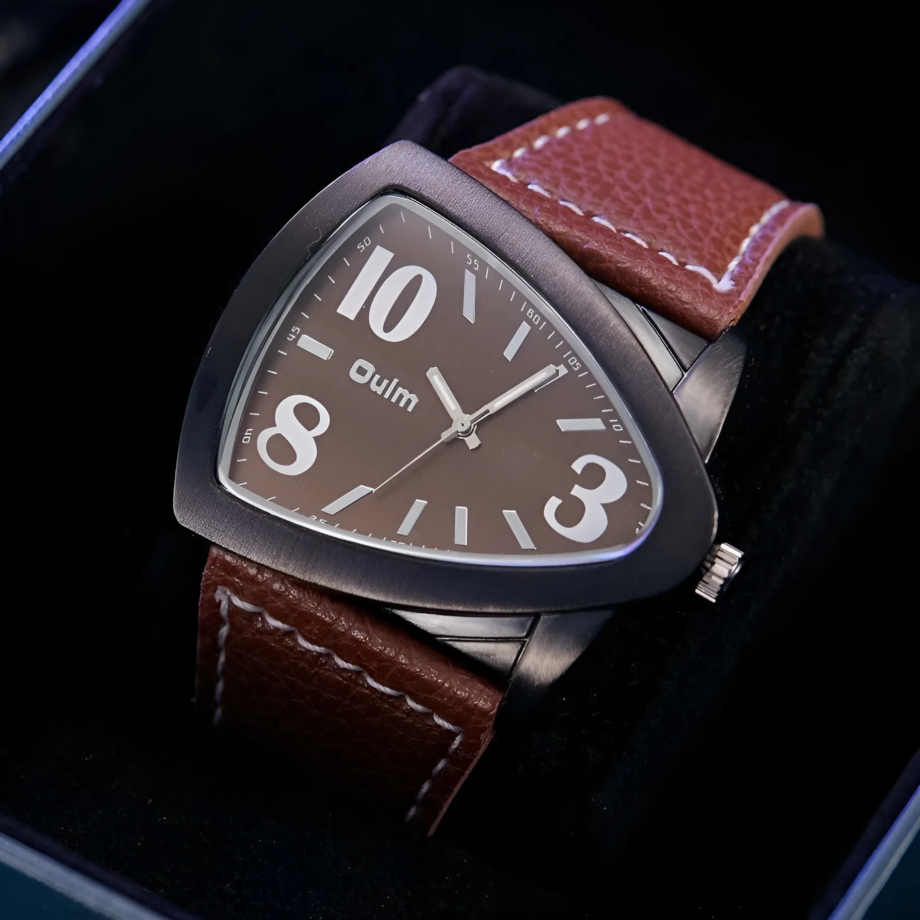 Men's casual quartz watch with triangle belt strap, shown in brown, black, and blue colour options.
