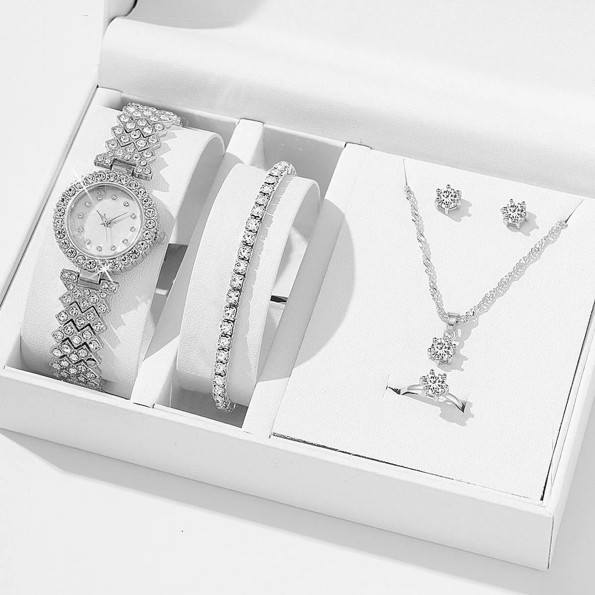 Women's diamond quartz watch set with rhinestones and jewellery in rose gold finish