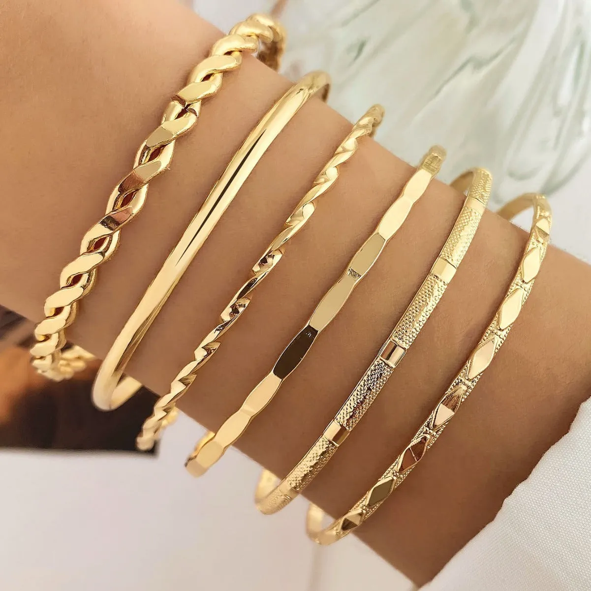 Gold tone bohemian metal chain bracelet set for women with geometric links and musical note bangles