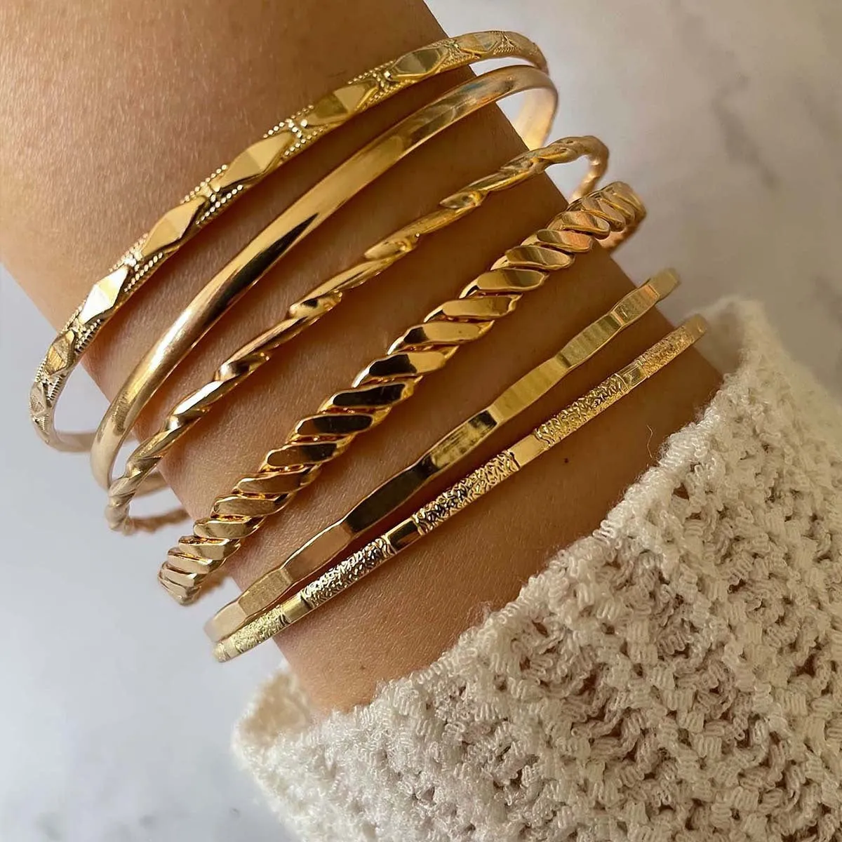 Gold tone bohemian metal chain bracelet set for women with geometric links and musical note bangles
