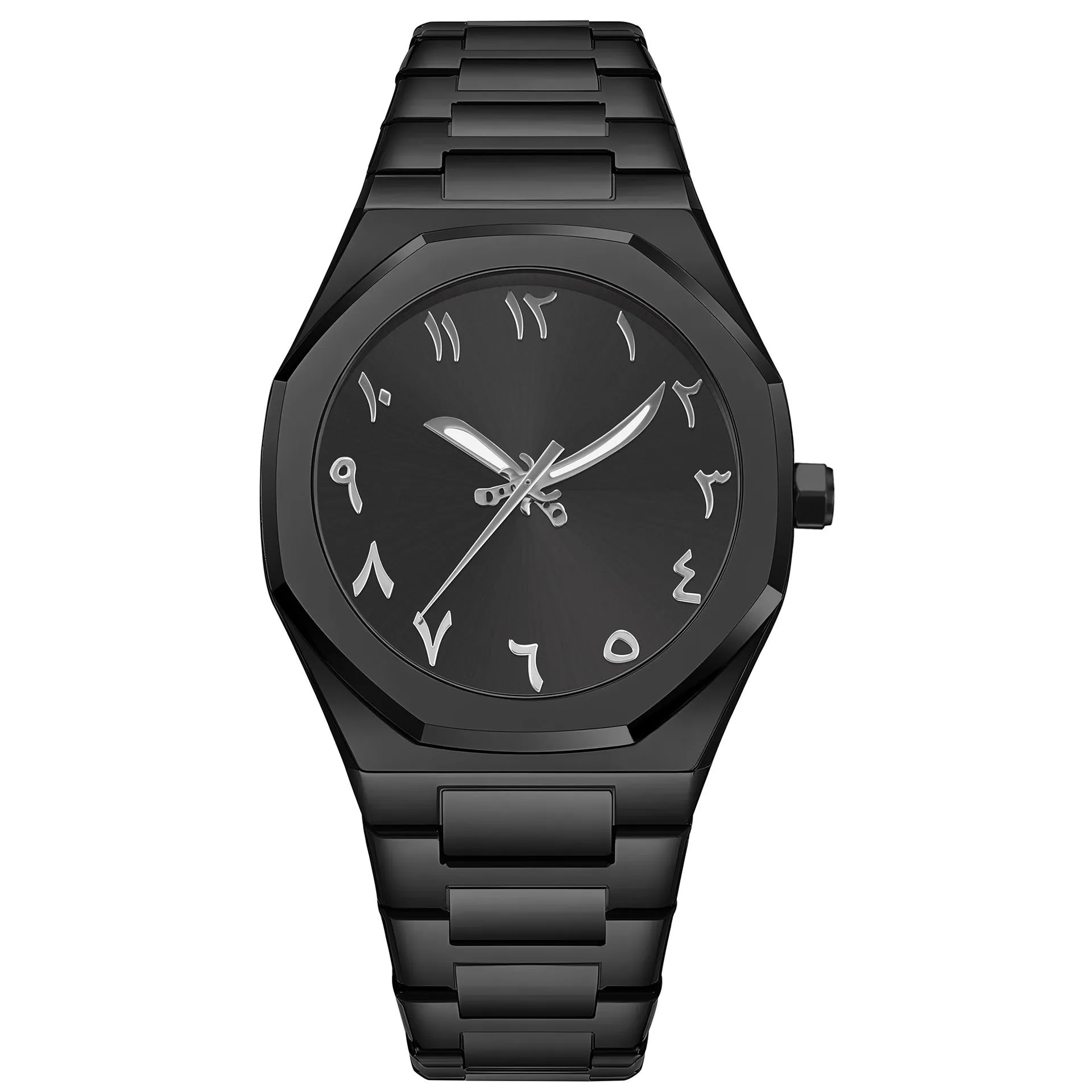 Men's business casual watch with stainless steel band and black dial on wrist