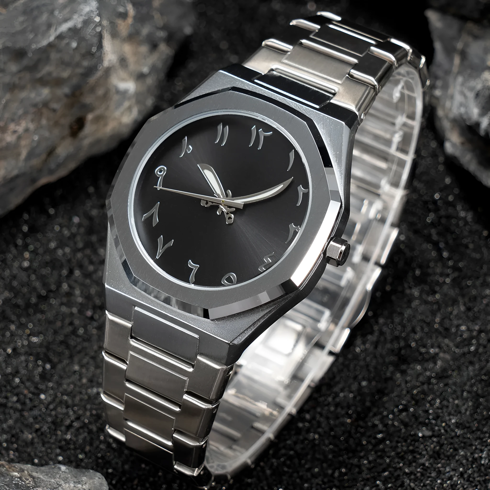 Men's business casual watch with stainless steel band and black dial on wrist