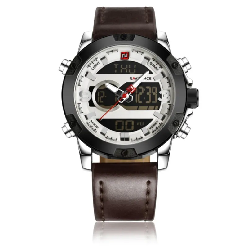 Men's leather digital army military watch with 46.5mm round dial, alloy case, and pin buckle closure