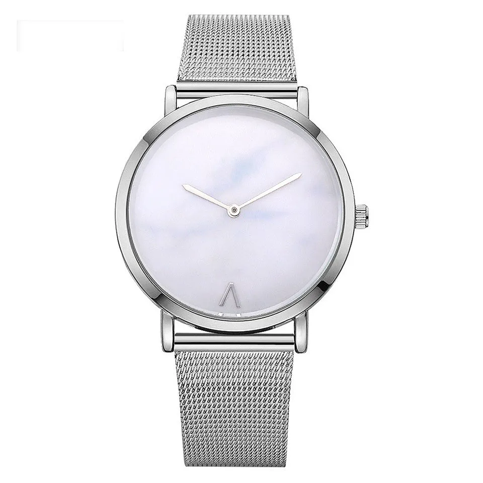 Vansvar women's quartz watch with silver mesh band and marble dial