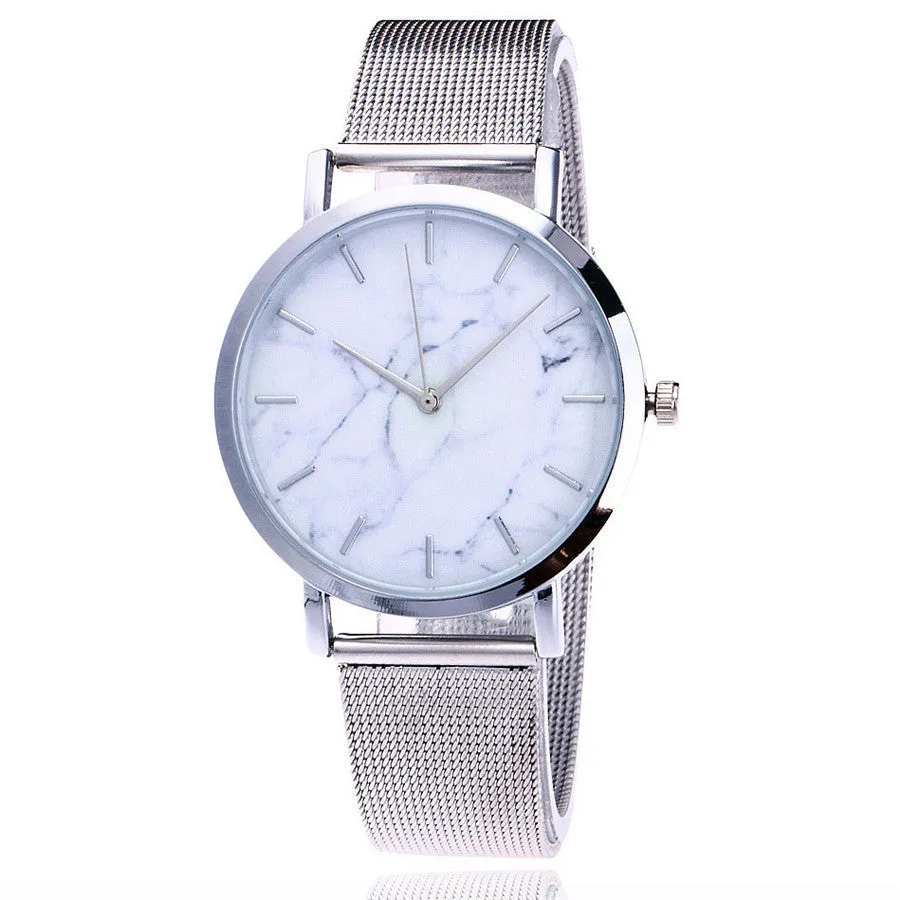 Vansvar women's quartz watch with silver mesh band and marble dial
