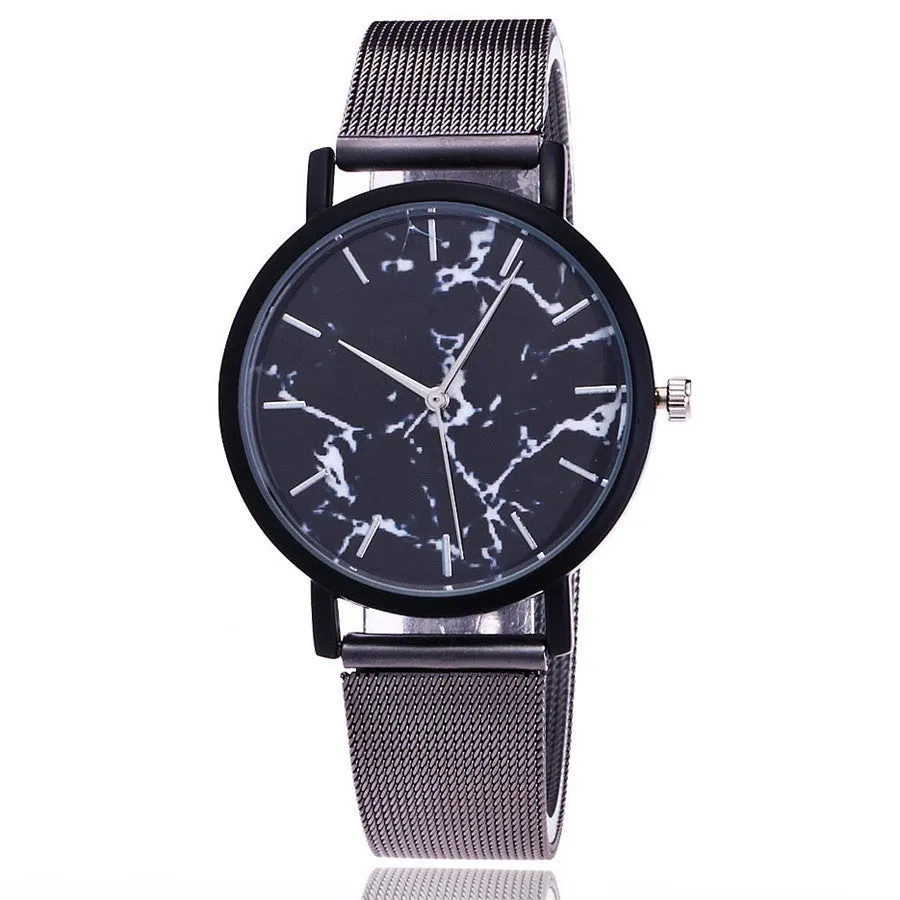 Vansvar women's quartz watch with silver mesh band and marble dial