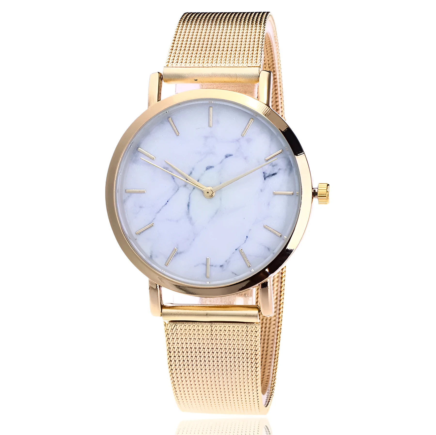 Vansvar women's quartz watch with silver mesh band and marble dial
