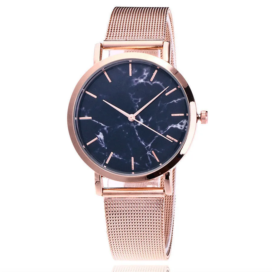 Vansvar women's quartz watch with silver mesh band and marble dial