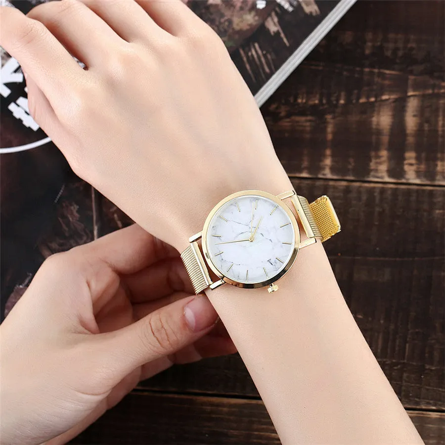 Vansvar women's quartz watch with silver mesh band and marble dial