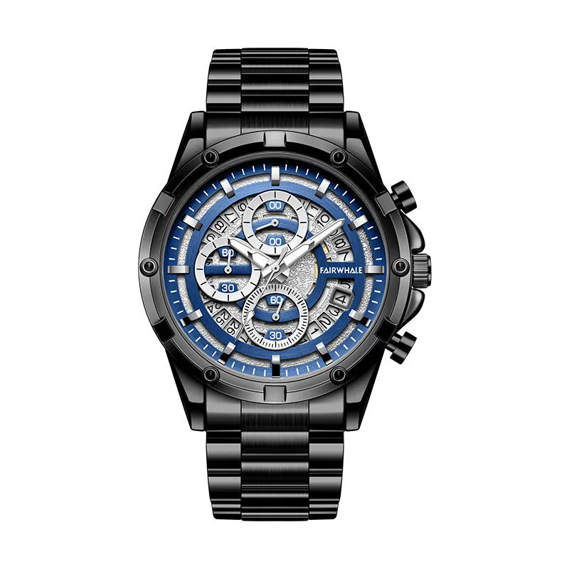 Men's stainless steel casual watch with luminous hands and waterproof design, shown in black and blue colour variant.