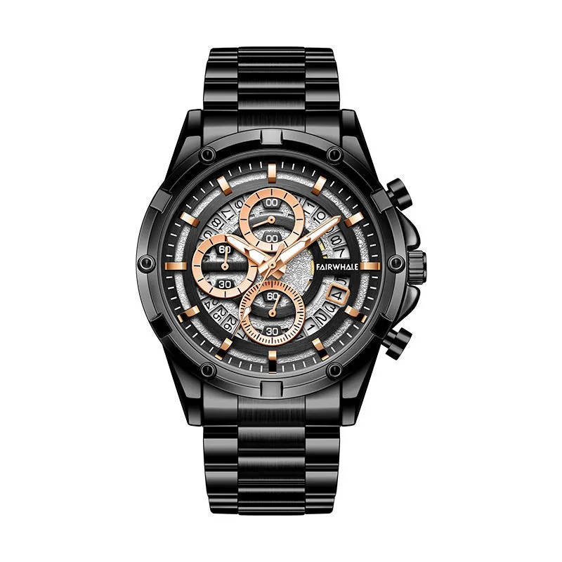 Men's stainless steel casual watch with luminous hands and waterproof design, shown in black and blue colour variant.