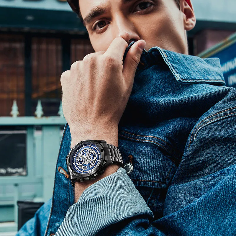 Men's stainless steel casual watch with luminous hands and waterproof design, shown in black and blue colour variant.