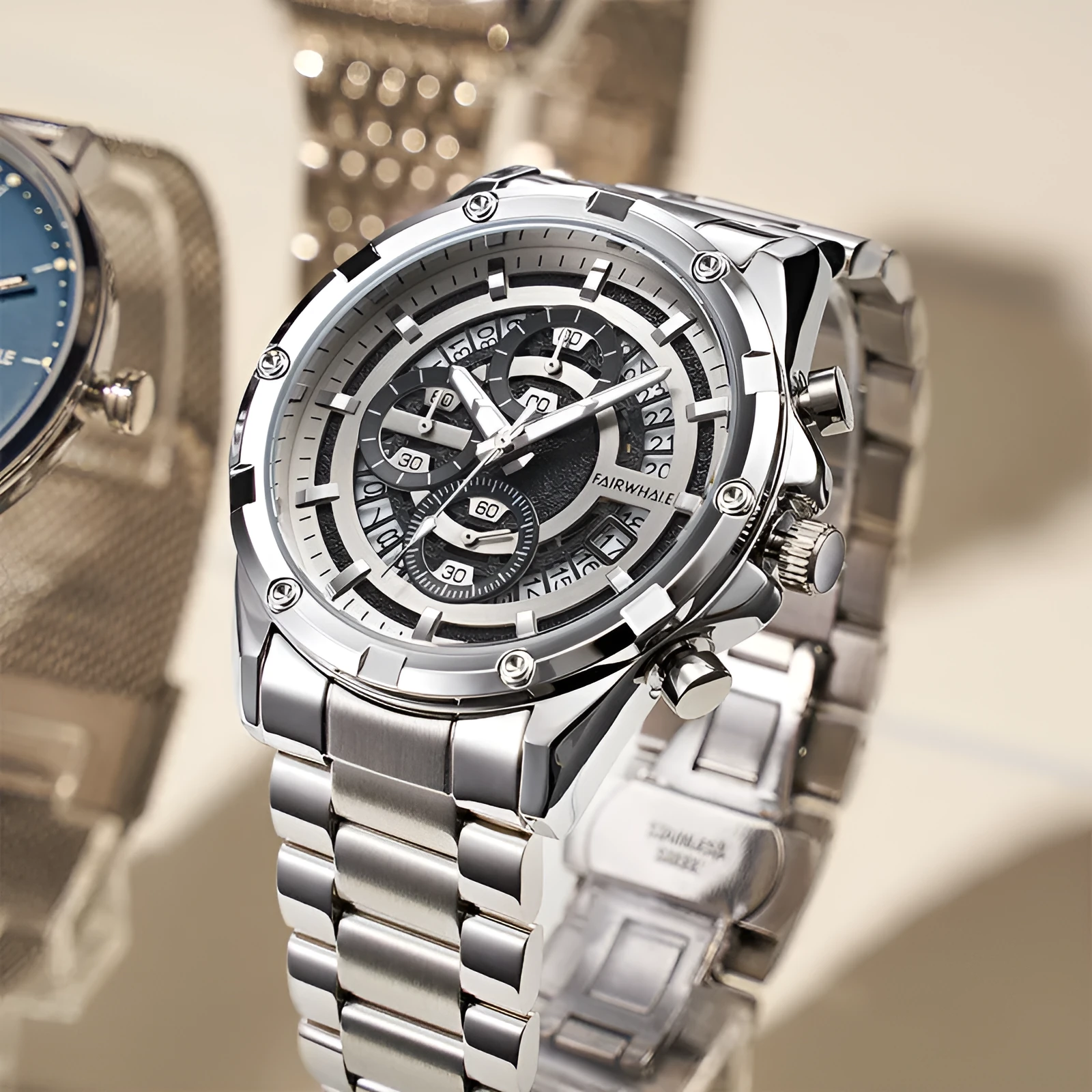Men's stainless steel casual watch with luminous hands and waterproof design, shown in black and blue colour variant.