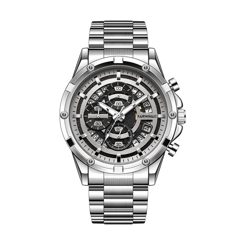 Men's stainless steel casual watch with luminous hands and waterproof design, shown in black and blue colour variant.