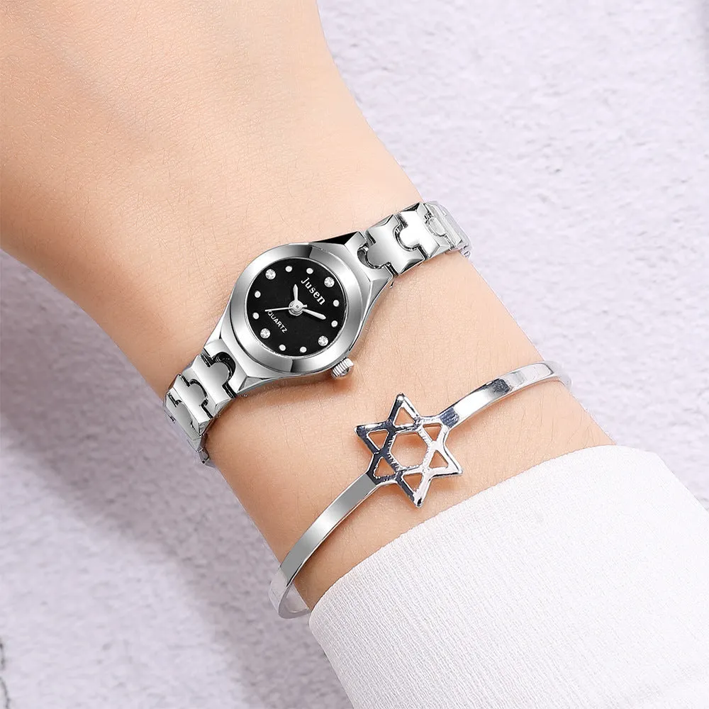 Small round ladies quartz watch with alloy bracelet and gold-tone finish on white background